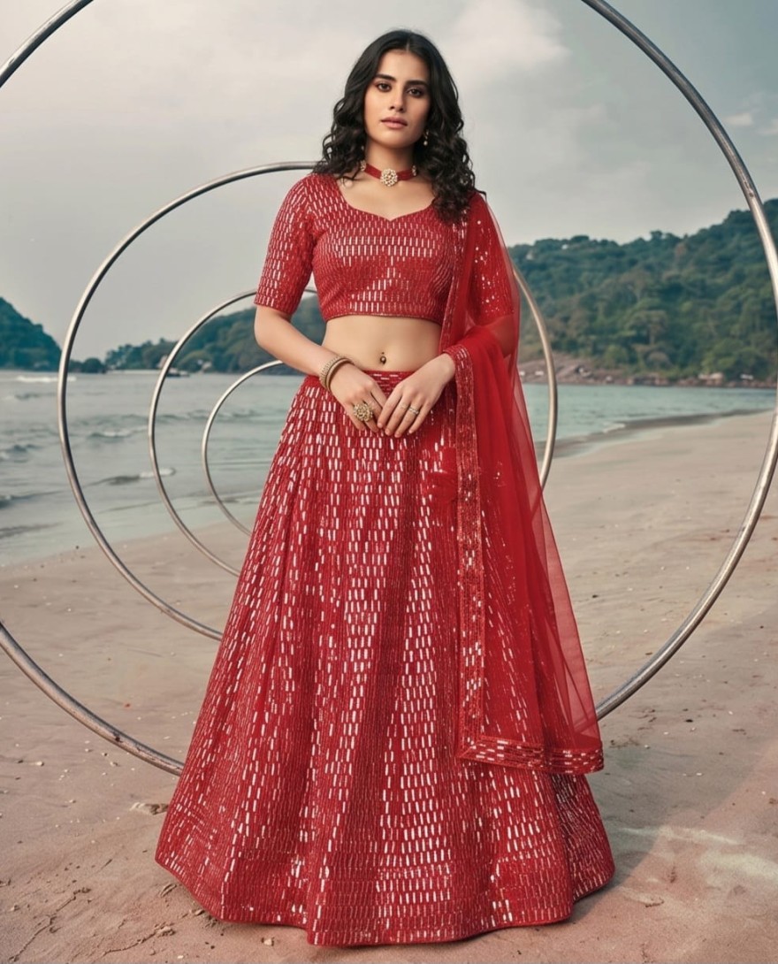 RED - Prodigious Red Net Trendy Lehenga Choli