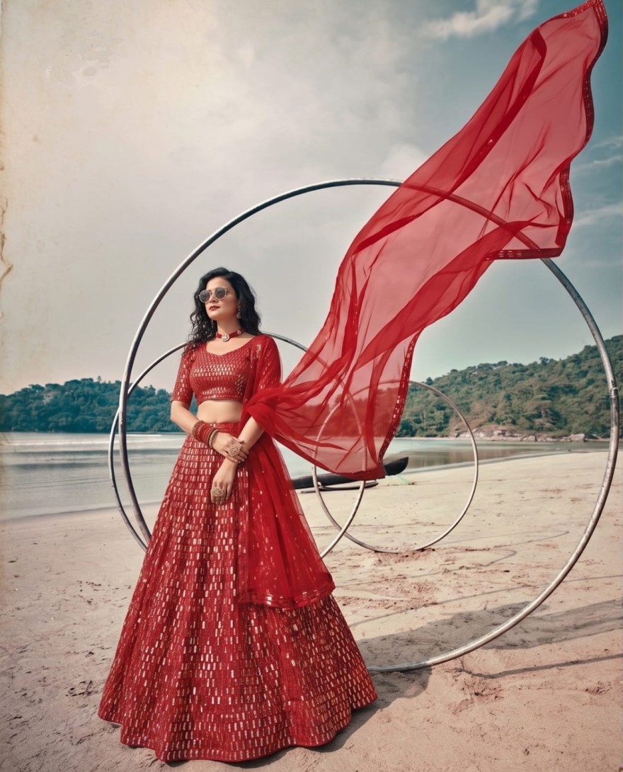 RED - Prodigious Red Net Trendy Lehenga Choli