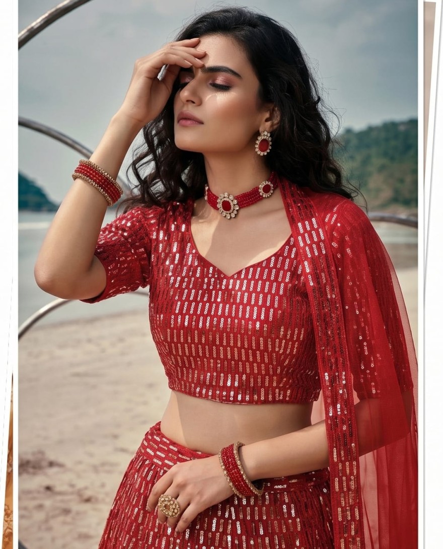 RED - Prodigious Red Net Trendy Lehenga Choli