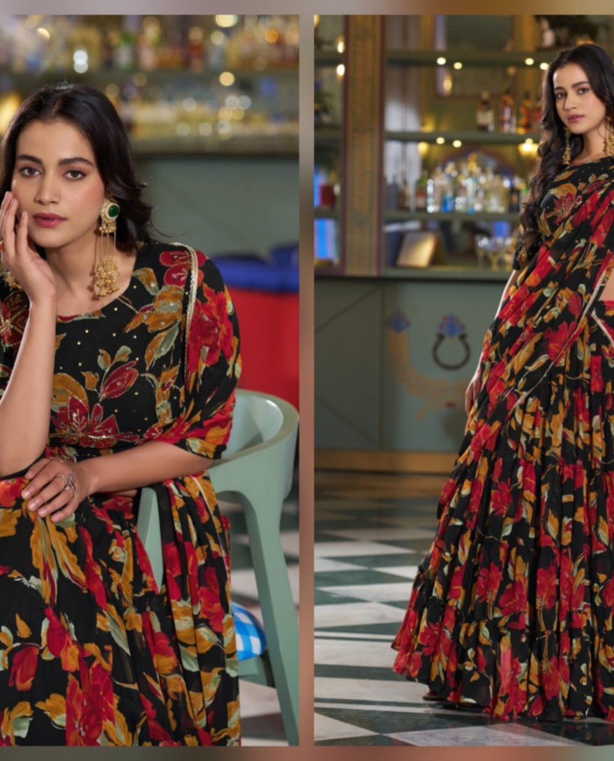 BLACK - Black Color Floral Printed Marbel Chaniya Choli