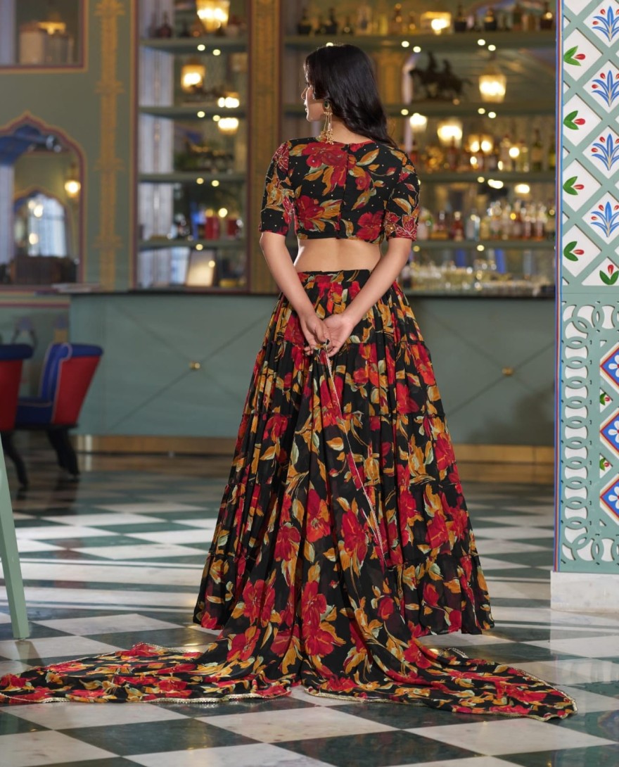 BLACK - Black Color Floral Printed Marbel Chaniya Choli