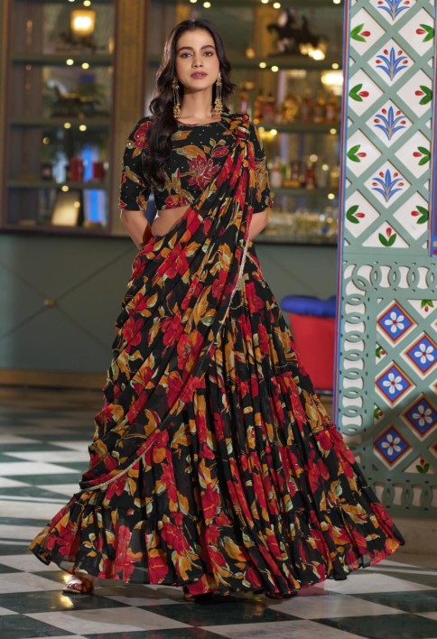 Black Color Floral Printed Marbel Chaniya Choli