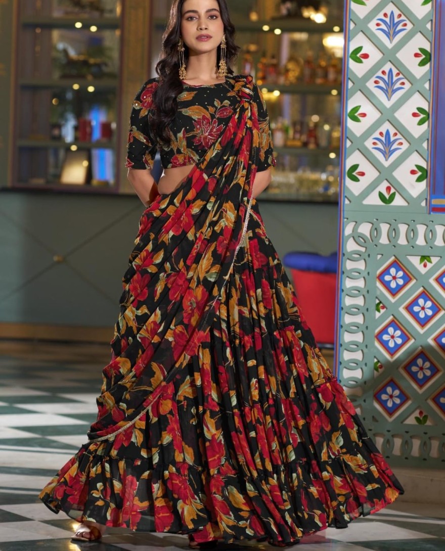 BLACK - Black Color Floral Printed Marbel Chaniya Choli