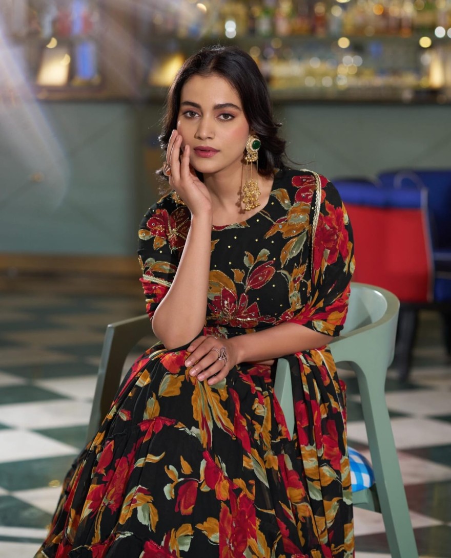 BLACK - Black Color Floral Printed Marbel Chaniya Choli