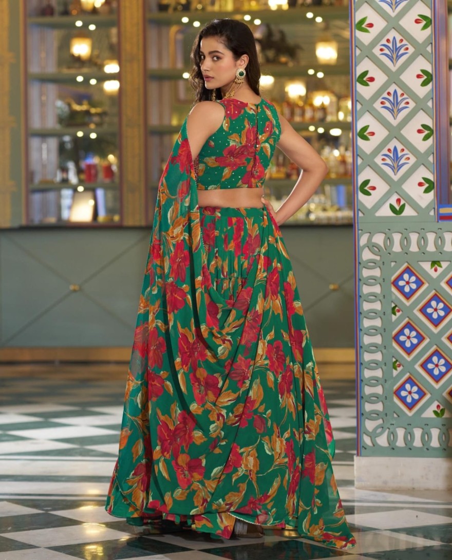 GREEN - Green Color Floral Printed Marbel Chaniya Choli