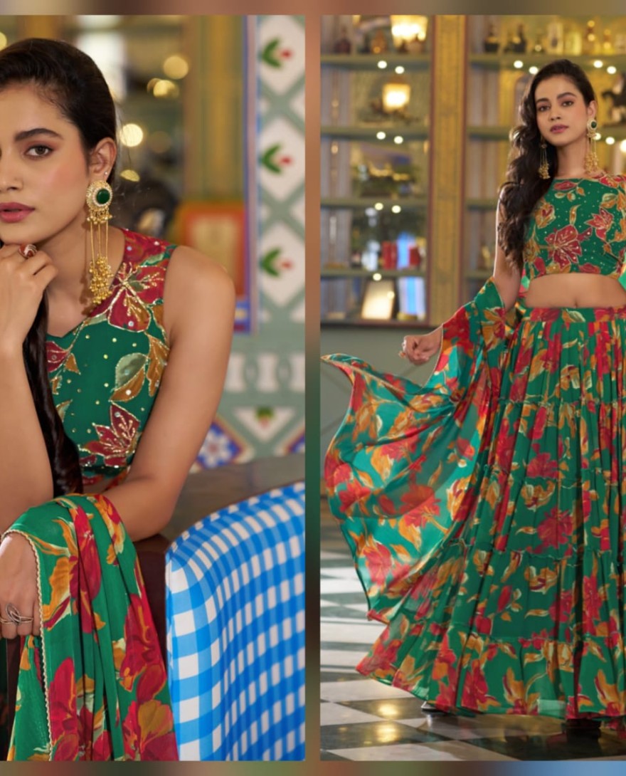 GREEN - Green Color Floral Printed Marbel Chaniya Choli