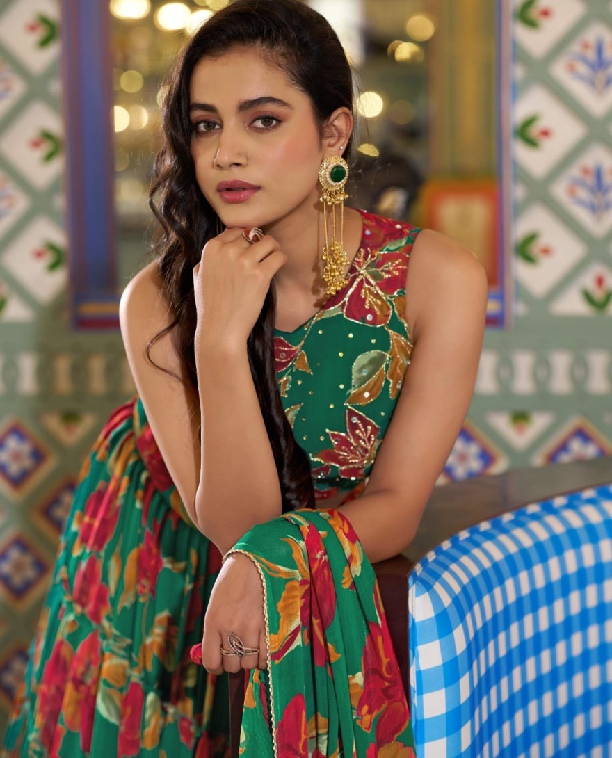 GREEN - Green Color Floral Printed Marbel Chaniya Choli