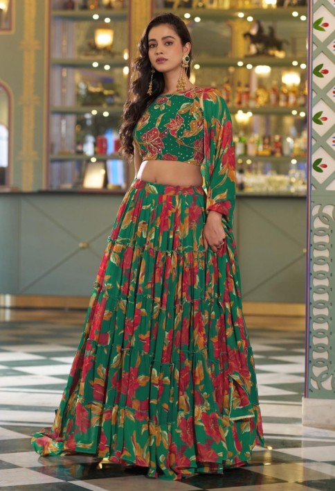 Green Color Floral Printed Marbel Chaniya Choli