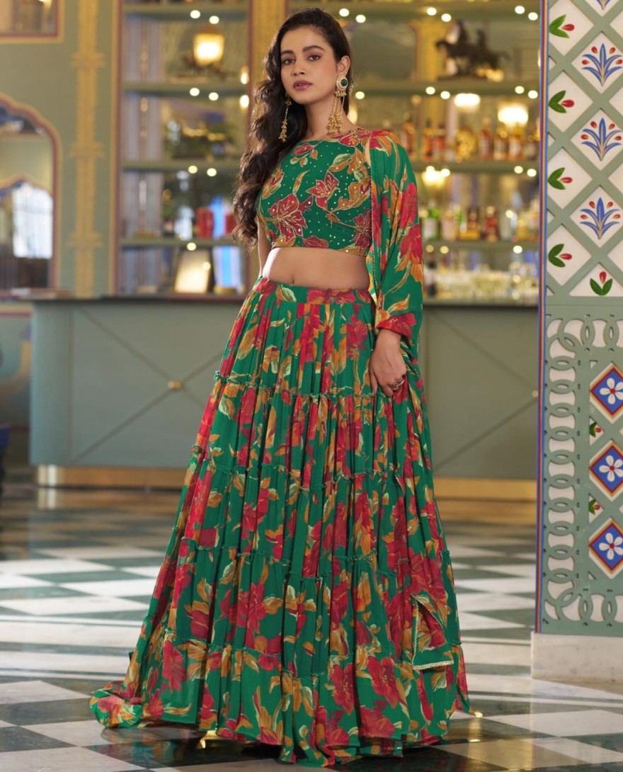 GREEN - Green Color Floral Printed Marbel Chaniya Choli