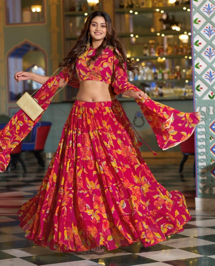 PINK - Pink Color Floral Printed Marbel Chaniya Choli