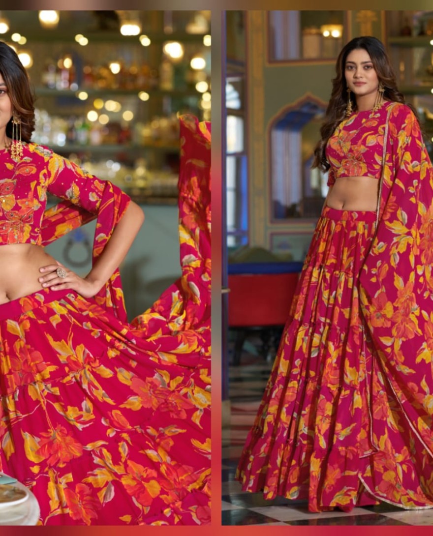 PINK - Pink Color Floral Printed Marbel Chaniya Choli