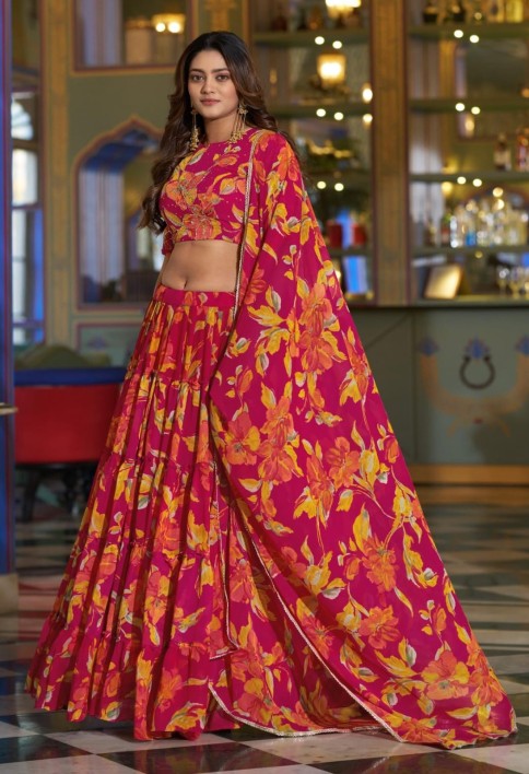 Pink Color Floral Printed Marbel Chaniya Choli