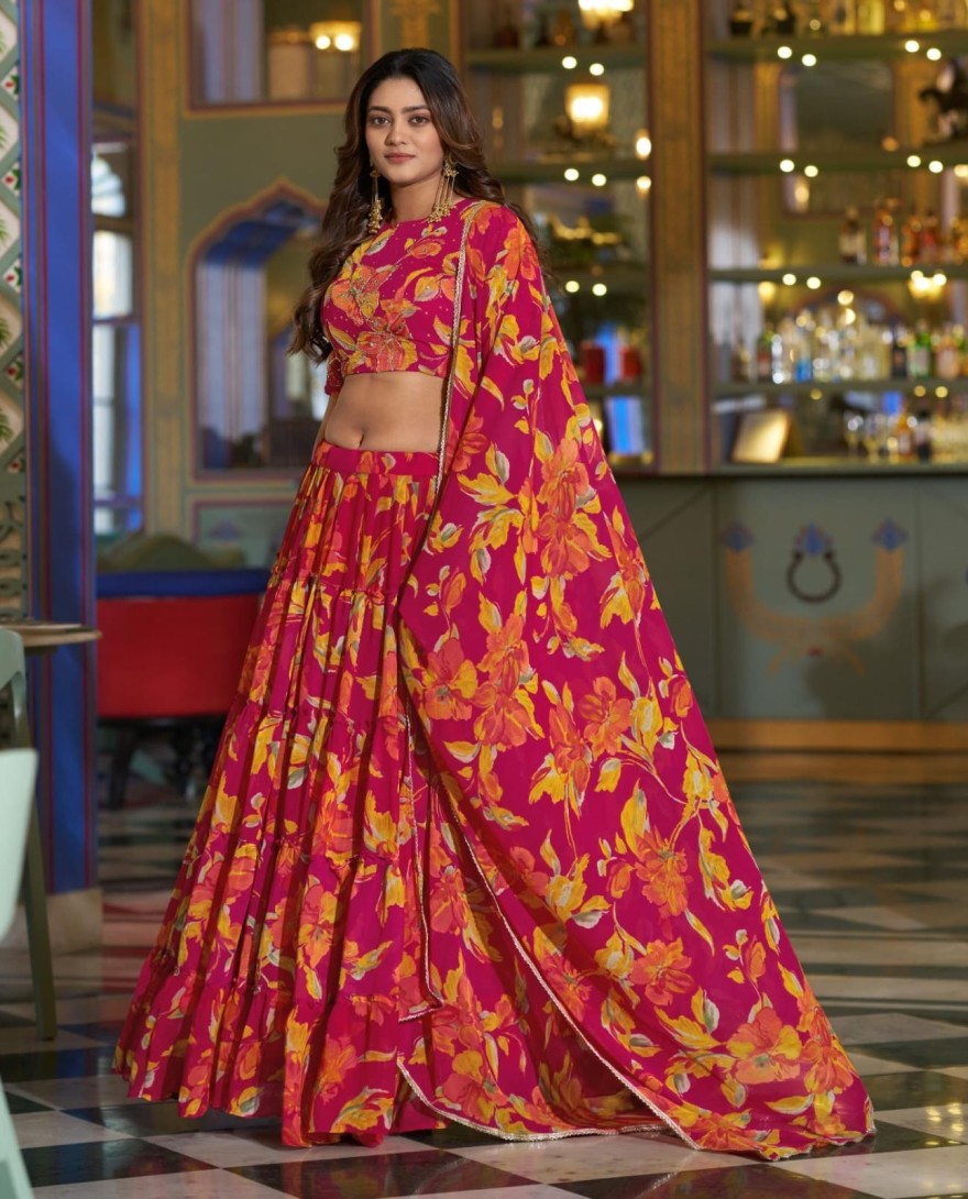 PINK - Pink Color Floral Printed Marbel Chaniya Choli