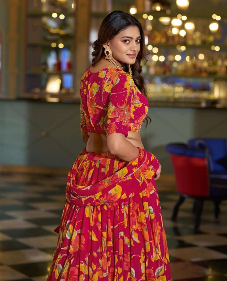 PINK - Pink Color Floral Printed Marbel Chaniya Choli