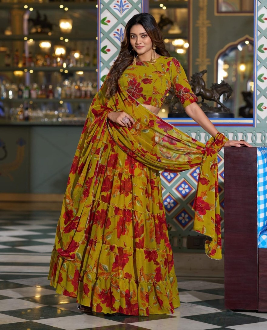 YELLOW - Olive Yellow Color Floral Printed Marbel Chaniya Choli