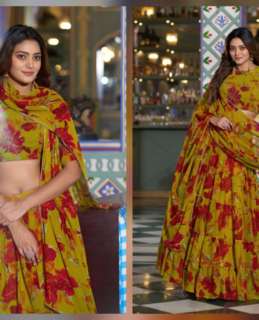 YELLOW - Olive Yellow Color Floral Printed Marbel Chaniya Choli
