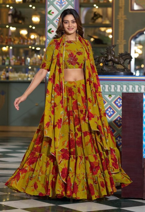 Olive Yellow Color Floral Printed Marbel Chaniya Choli