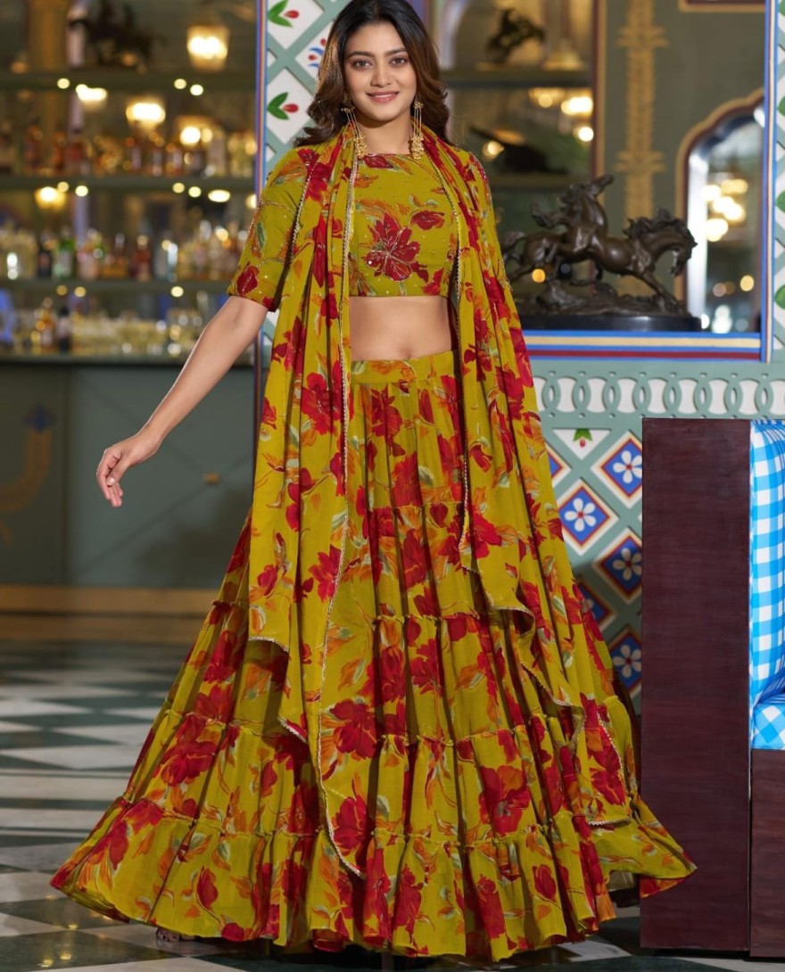 YELLOW - Olive Yellow Color Floral Printed Marbel Chaniya Choli