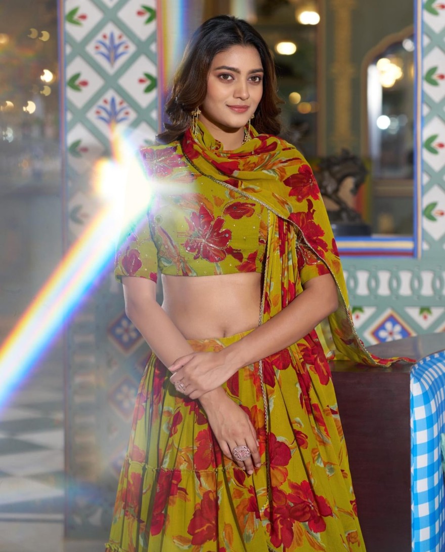 YELLOW - Olive Yellow Color Floral Printed Marbel Chaniya Choli
