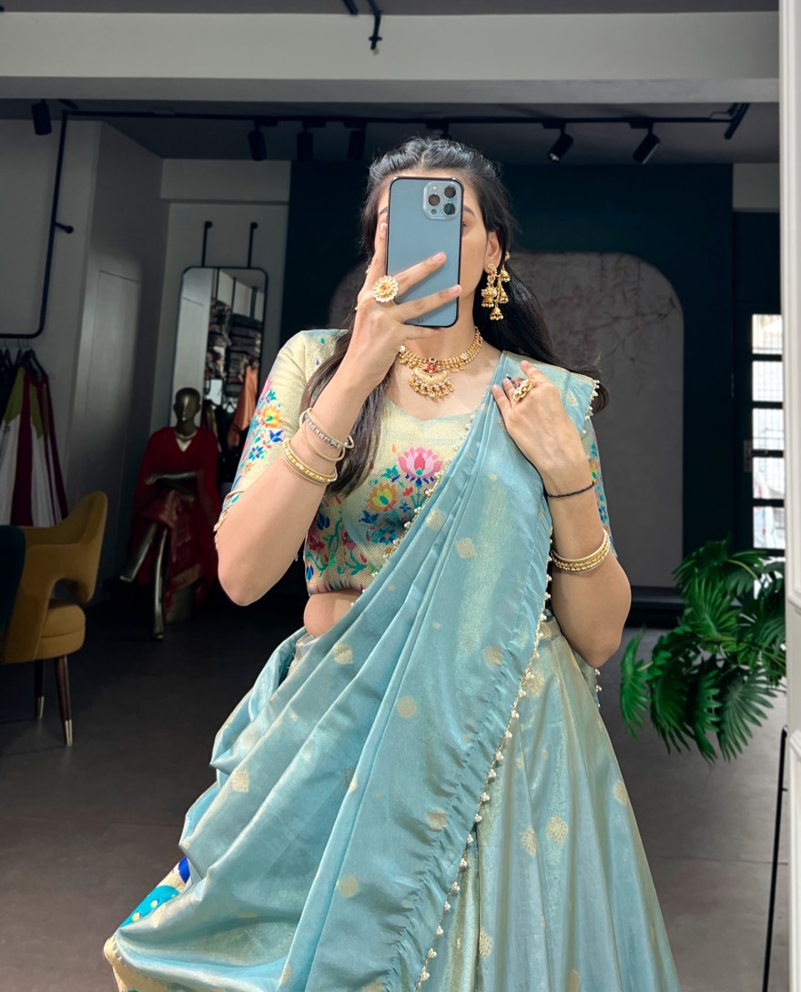 BLUE - Bridal Wear Zari Weaving Work Lehenga