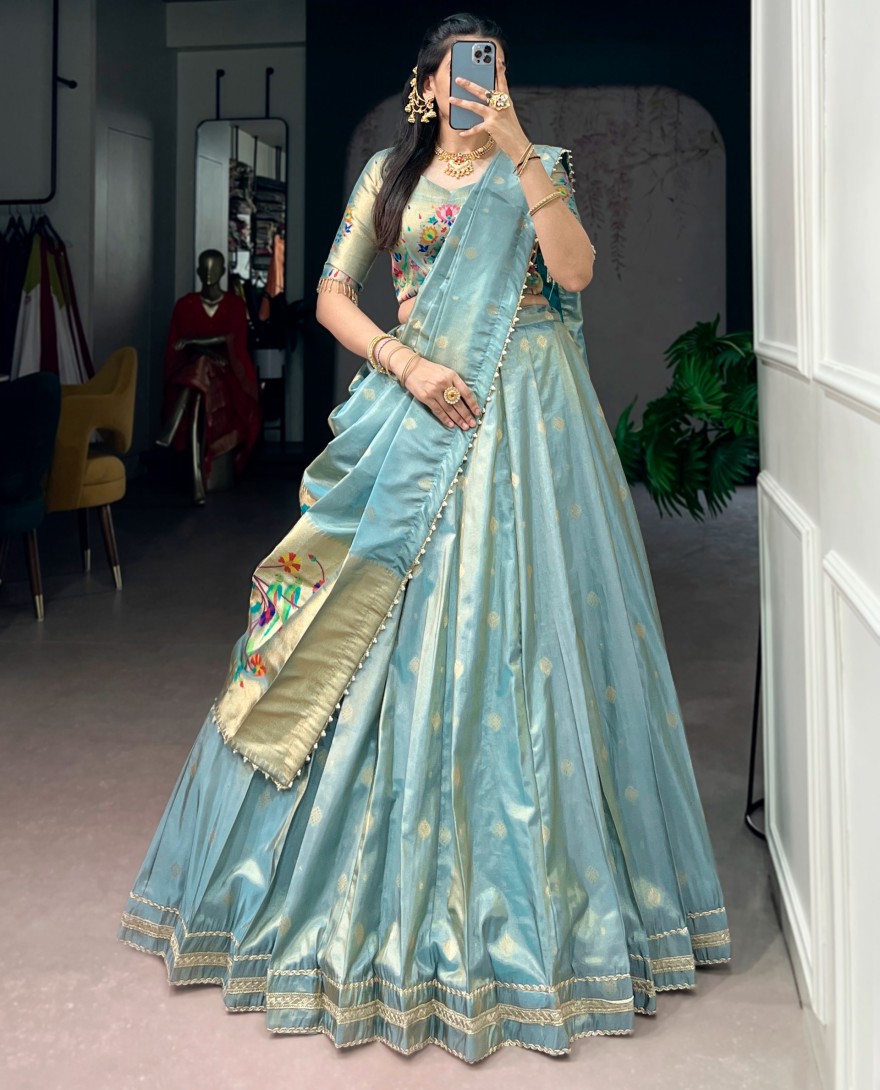 BLUE - Bridal Wear Zari Weaving Work Lehenga