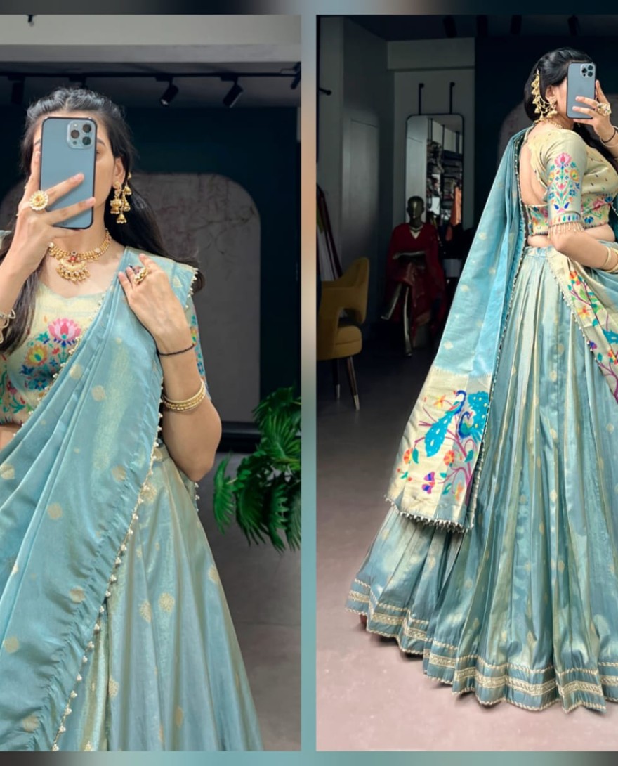 BLUE - Bridal Wear Zari Weaving Work Lehenga