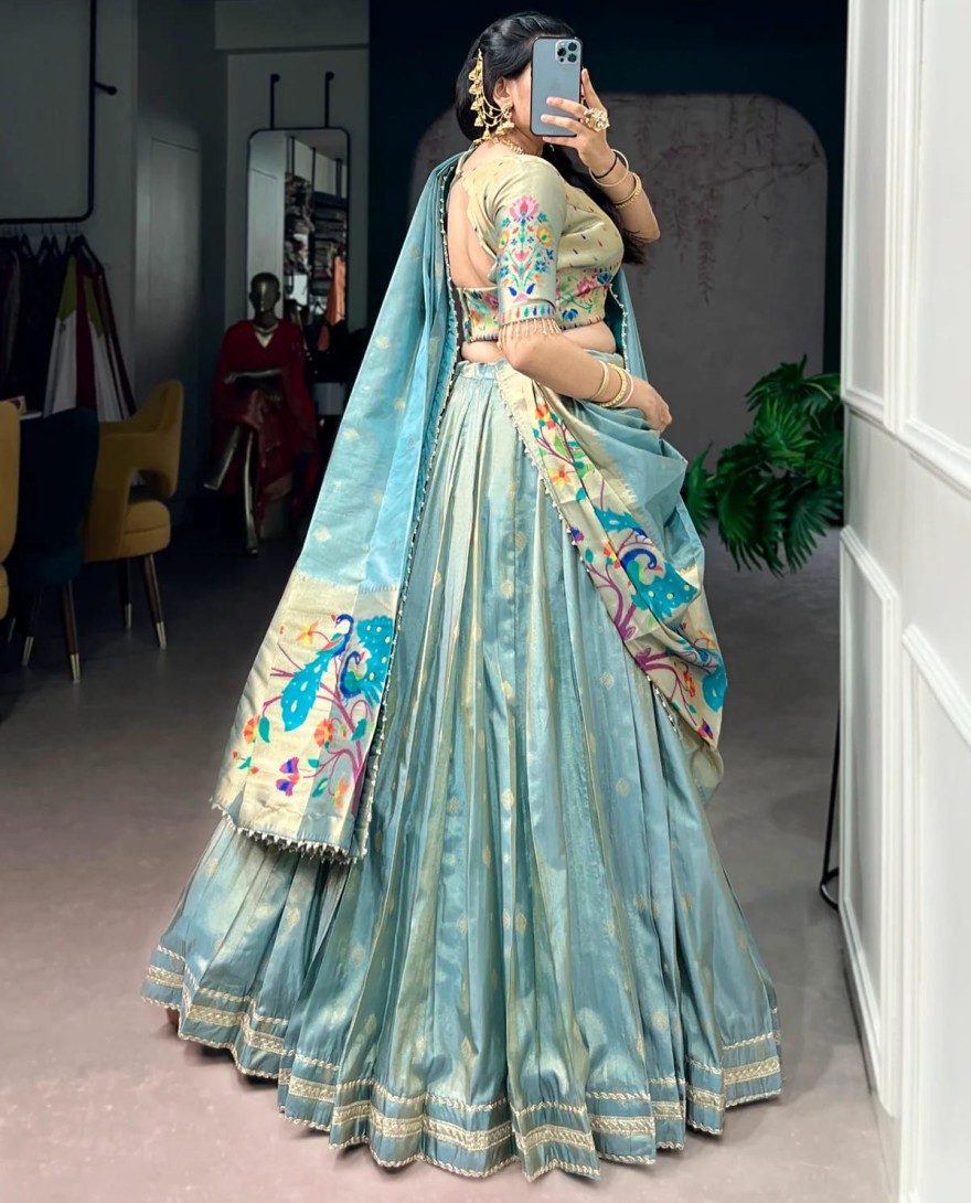 BLUE - Bridal Wear Zari Weaving Work Lehenga