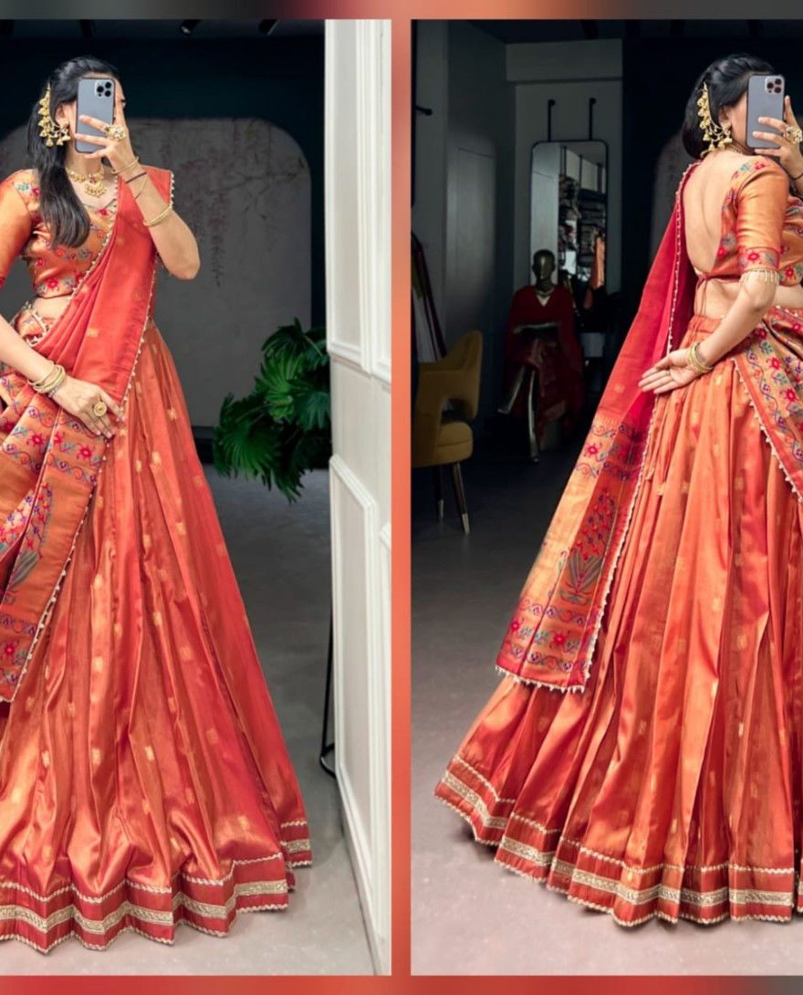 ORANGE - Coral Color Maharastrian Wear Shimmer Lehenga