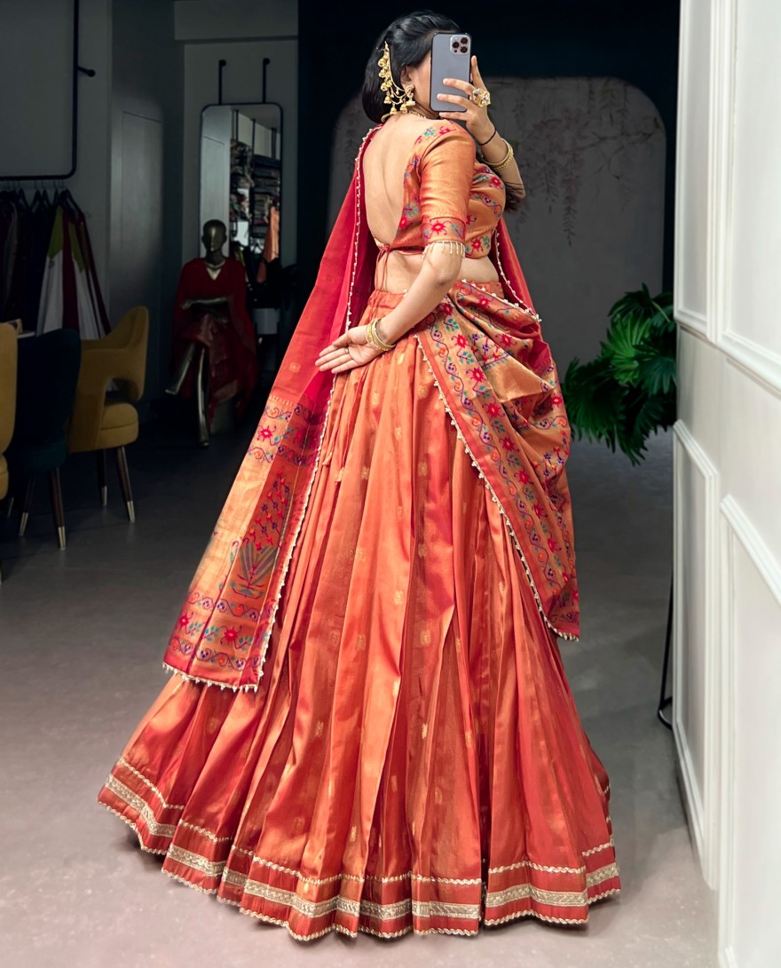 ORANGE - Coral Color Maharastrian Wear Shimmer Lehenga