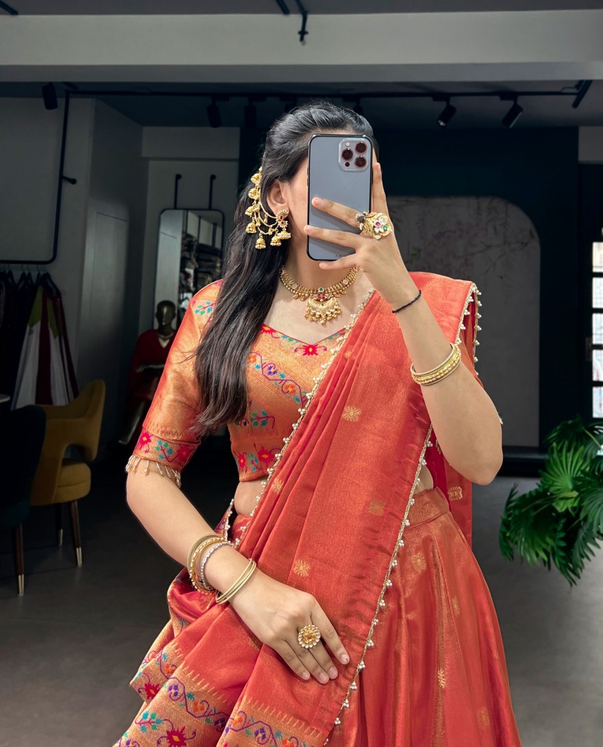 ORANGE - Coral Color Maharastrian Wear Shimmer Lehenga
