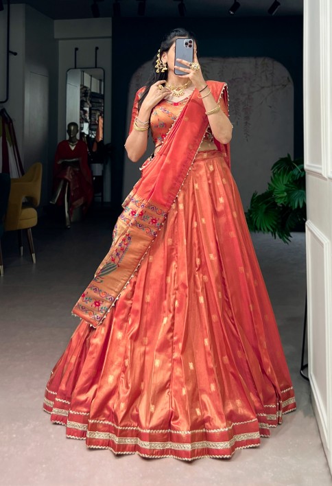 Coral Color Maharastrian Wear Shimmer Lehenga