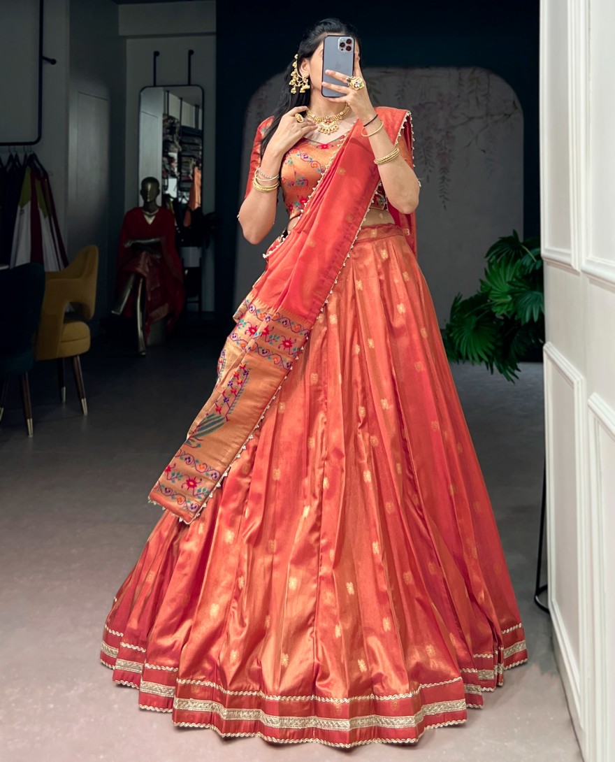 ORANGE - Coral Color Maharastrian Wear Shimmer Lehenga