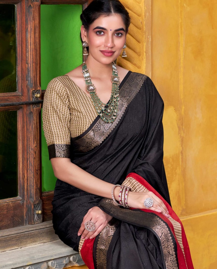 BLACK - Artistic Black Poly Cotton Printed Casual Wear Saree With Blouse