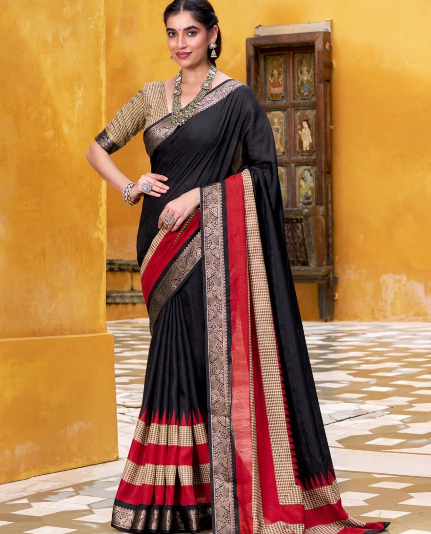BLACK - Artistic Black Poly Cotton Printed Casual Wear Saree With Blouse