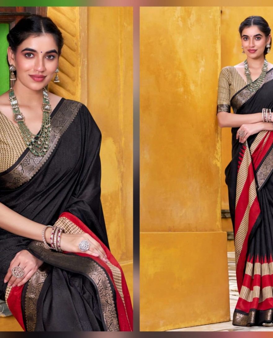 BLACK - Artistic Black Poly Cotton Printed Casual Wear Saree With Blouse