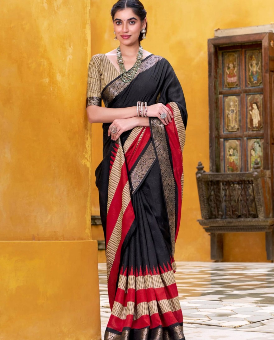 BLACK - Artistic Black Poly Cotton Printed Casual Wear Saree With Blouse