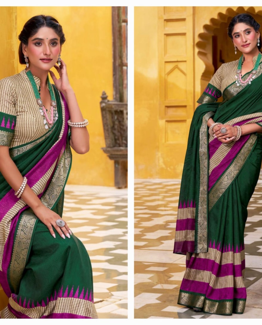 GREEN - Brilliant Green Zari Weaving Poly Cotton Festival Wear Saree