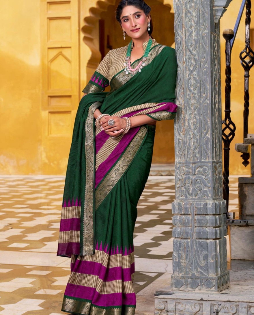 GREEN - Brilliant Green Zari Weaving Poly Cotton Festival Wear Saree