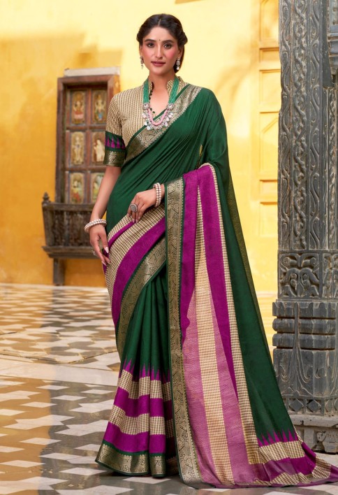 Brilliant Green Zari Weaving Poly Cotton Festival Wear Saree