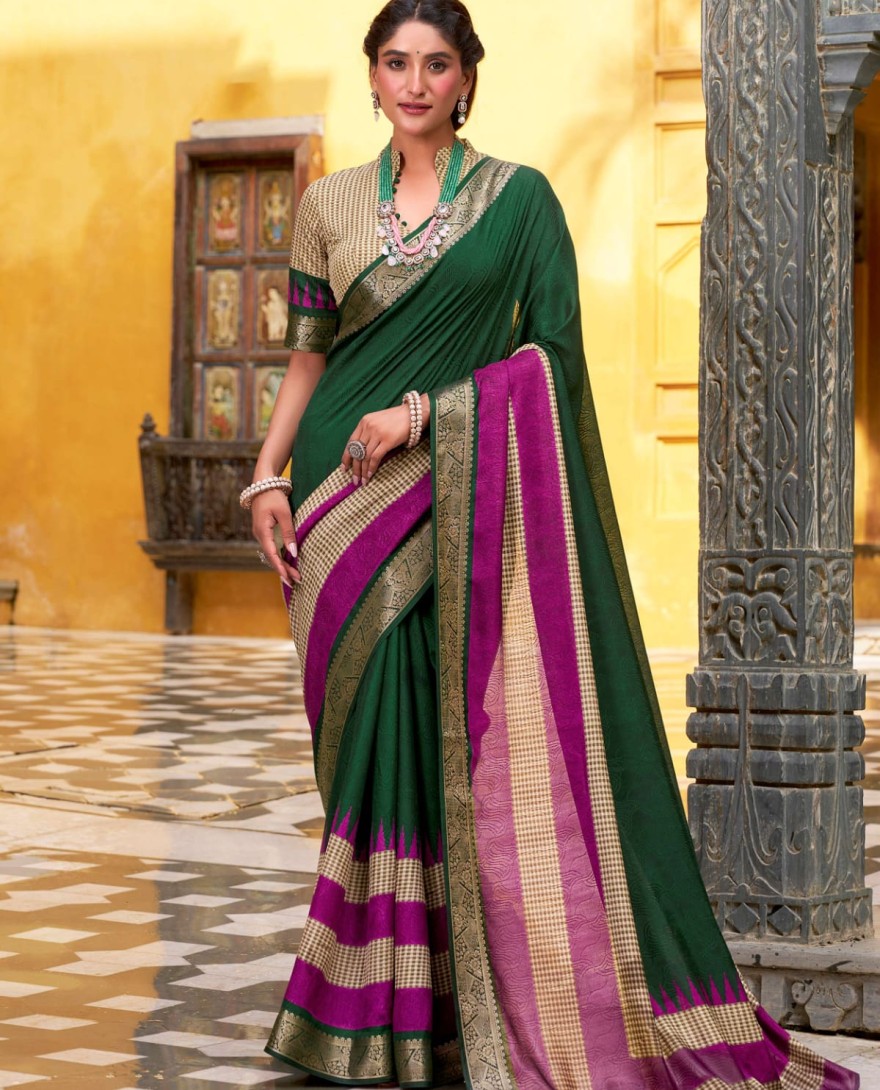 GREEN - Brilliant Green Zari Weaving Poly Cotton Festival Wear Saree