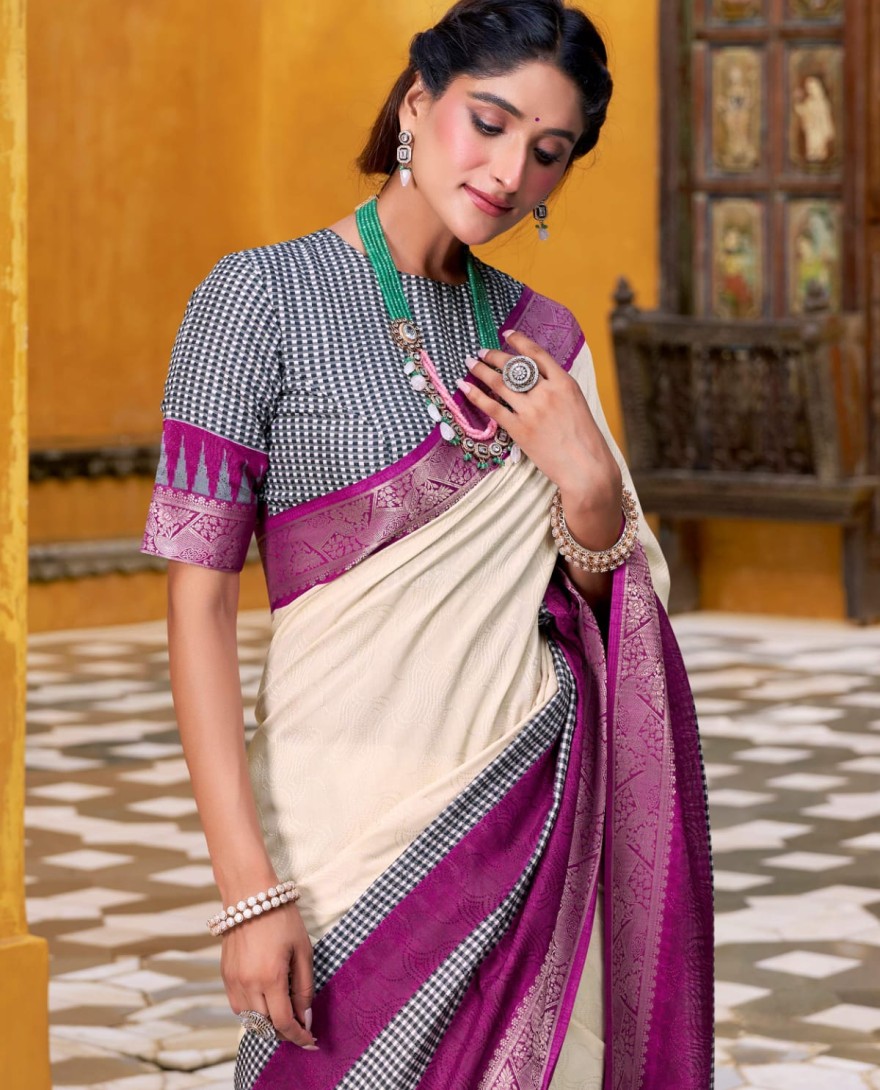 WHITE - Elegant Off White Poly Cotton Zari Weaving Event Wear Saree