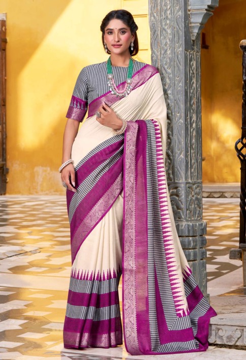 Elegant Off White Poly Cotton Zari Weaving Event Wear Saree