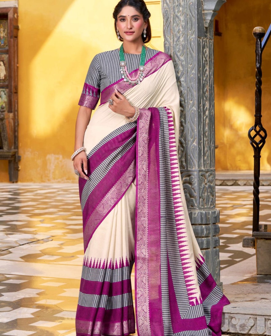 WHITE - Elegant Off White Poly Cotton Zari Weaving Event Wear Saree