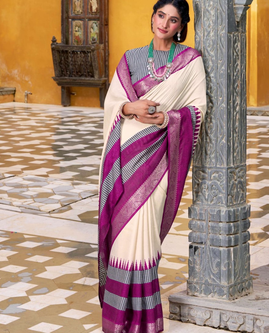 WHITE - Elegant Off White Poly Cotton Zari Weaving Event Wear Saree