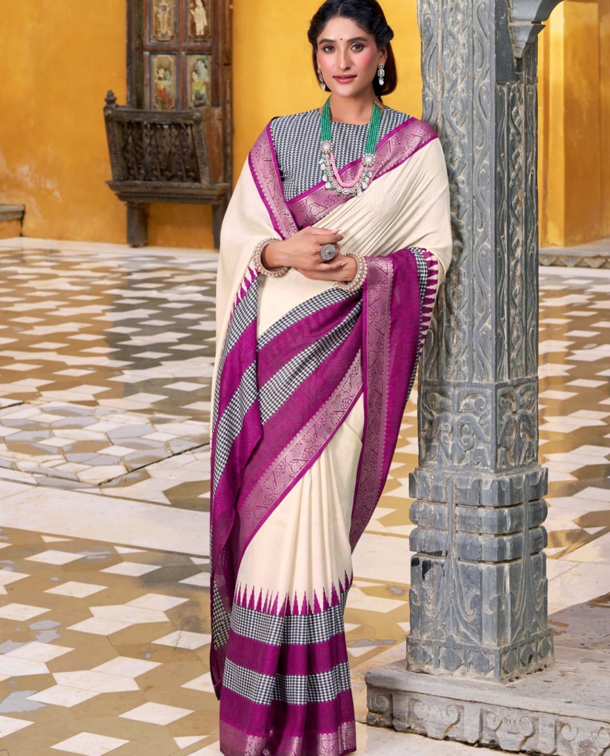 WHITE - Elegant Off White Poly Cotton Zari Weaving Event Wear Saree