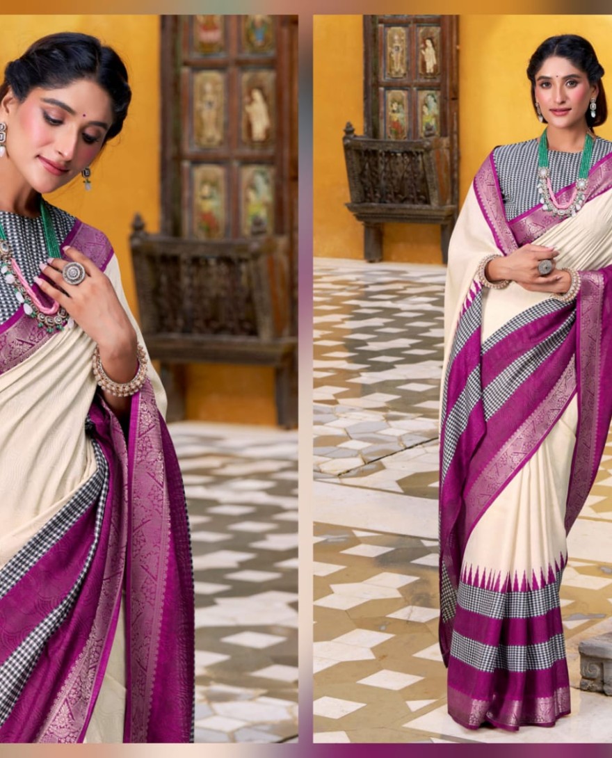 WHITE - Elegant Off White Poly Cotton Zari Weaving Event Wear Saree