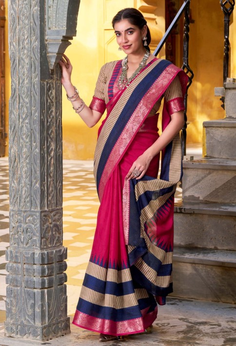 Adorable Pink Cotton Printed Traditional Saree With Blouse