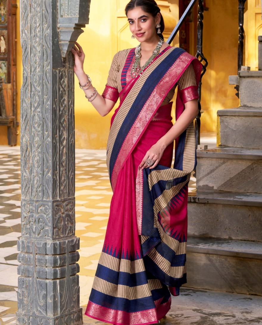 PINK - Adorable Pink Cotton Printed Traditional Saree With Blouse