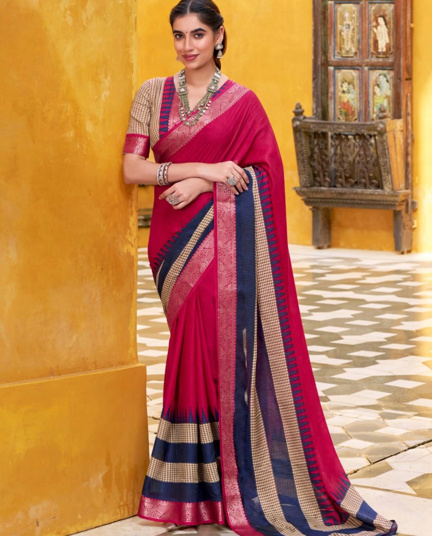 PINK - Adorable Pink Cotton Printed Traditional Saree With Blouse