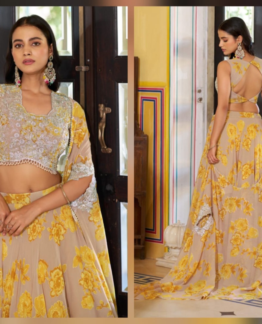 YELLOW - Beige Floral Print Georgette Lehenga Choli